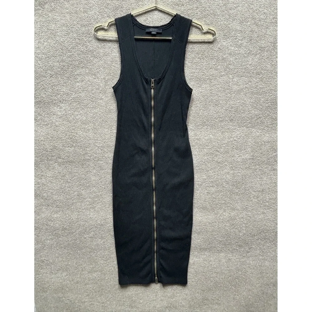 Women's All Saints‎ Alicia Black Full Zip Front Bodycon Stretch Midi Dress 4 EUC